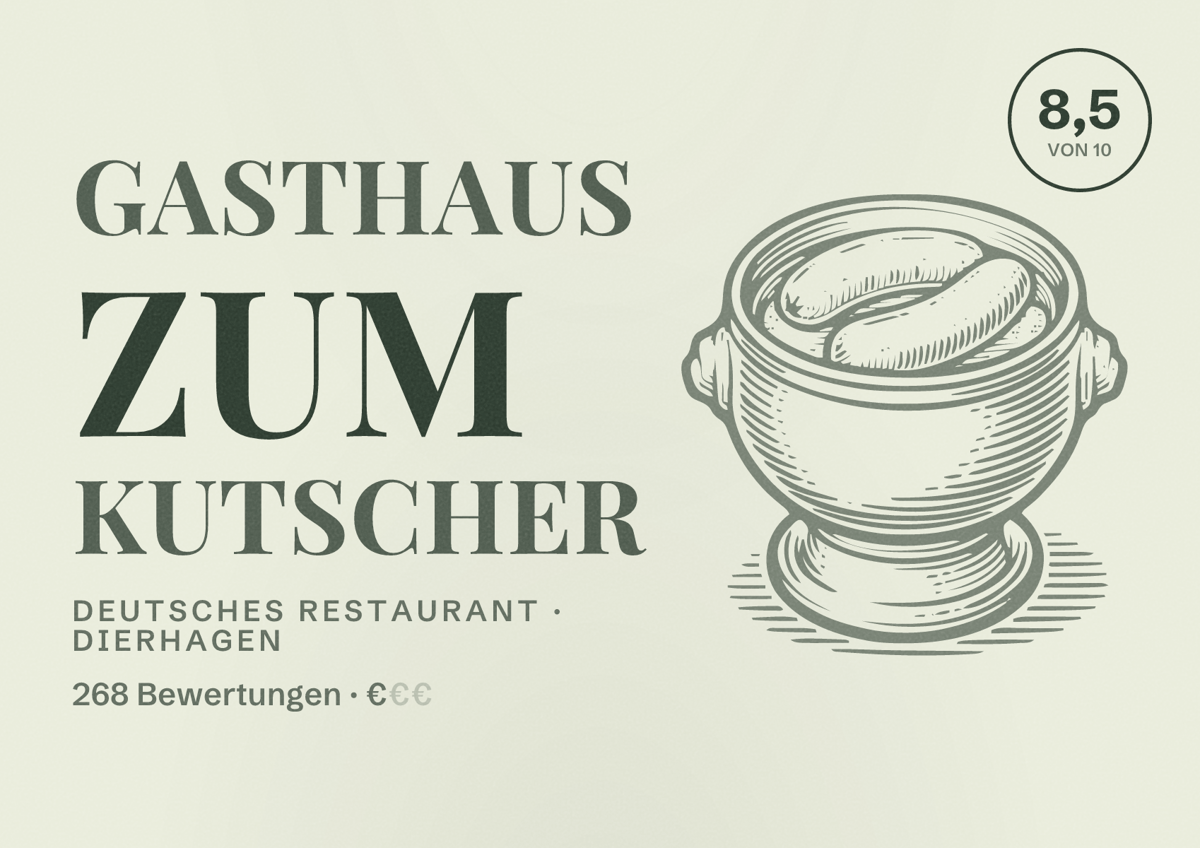 Illustriertes Poster von Gasthaus Zum Kutscher, Deutsches Restaurant in Dierhagen: Bewertung 8,5 von 10 aus 268 Bewertungen, Preisniveau €