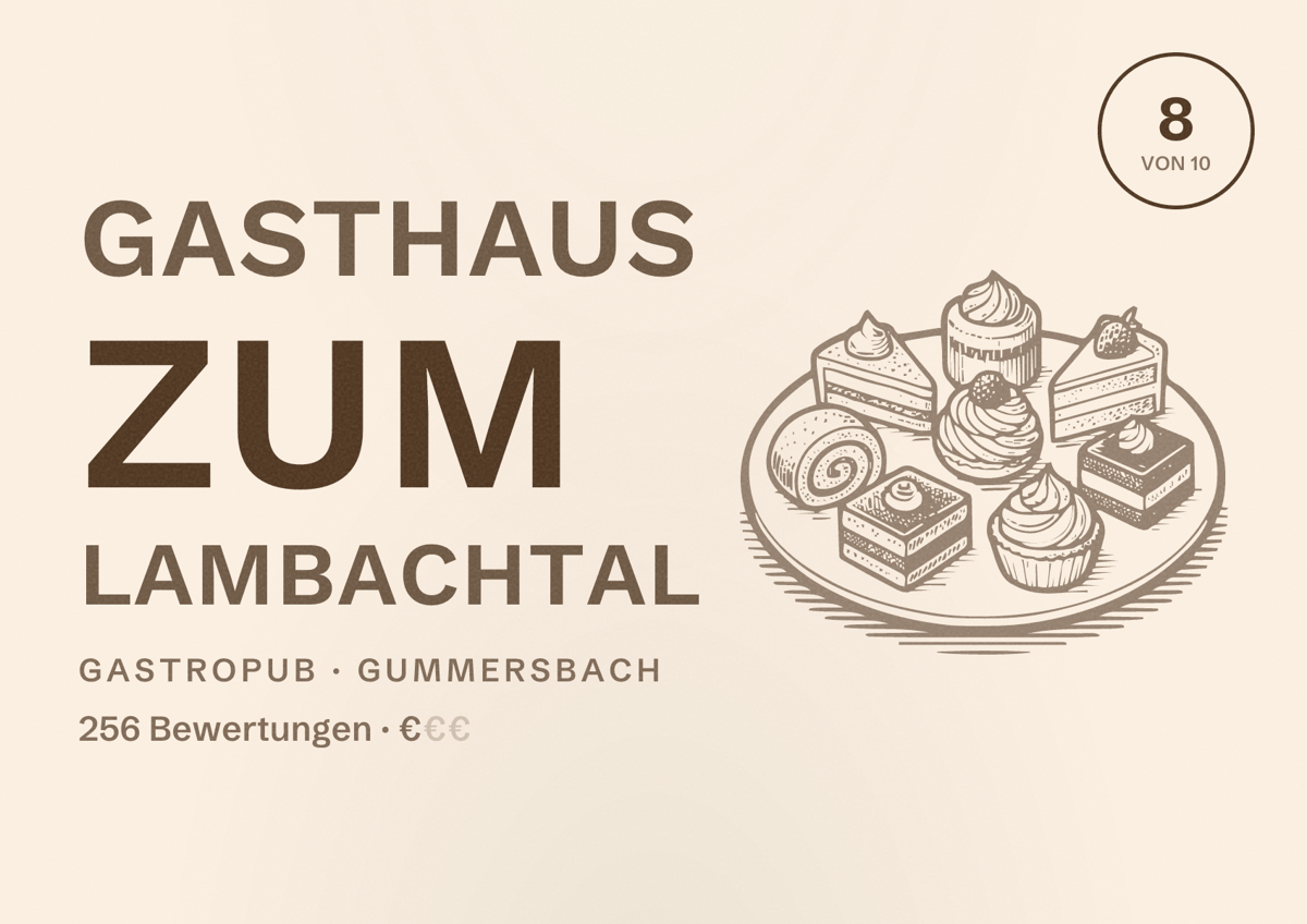 Illustriertes Poster von Gasthaus zum Lambachtal, Gastropub in Gummersbach: Bewertung 8 von 10 aus 256 Bewertungen, Preisniveau €