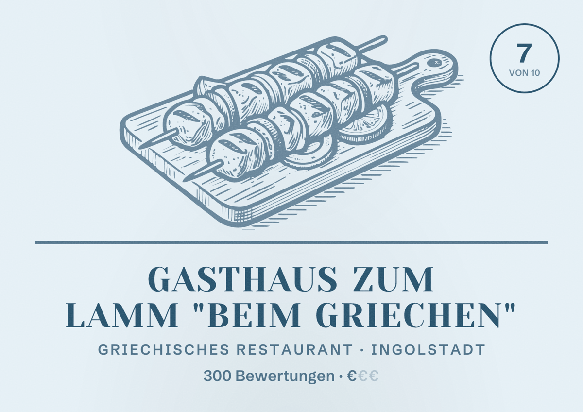 Illustriertes Poster von Gasthaus zum Lamm "Beim Griechen", Griechisches Restaurant in Ingolstadt: Bewertung 7 von 10 aus 300 Bewertungen, Preisniveau €