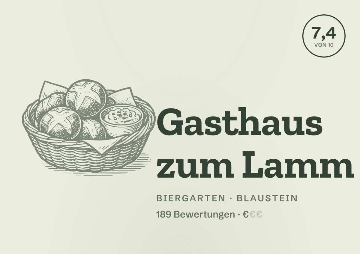 Illustriertes Poster von Gasthaus zum Lamm, Biergarten in Blaustein: Bewertung 7,4 von 10 aus 189 Bewertungen, Preisniveau €