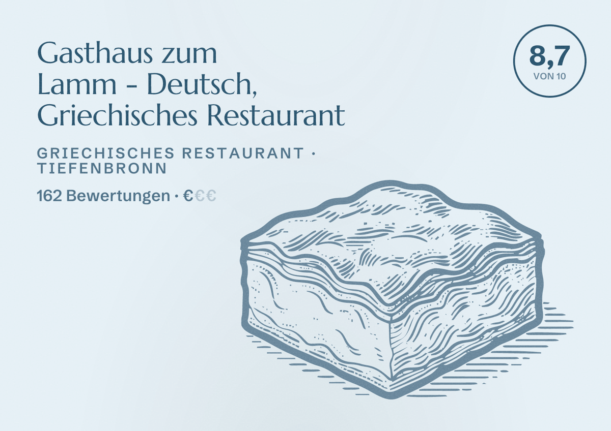 Illustriertes Poster von Gasthaus zum Lamm - Deutsch, Griechisches Restaurant, Griechisches Restaurant in Tiefenbronn: Bewertung 8,7 von 10 aus 162 Bewertungen, Preisniveau €