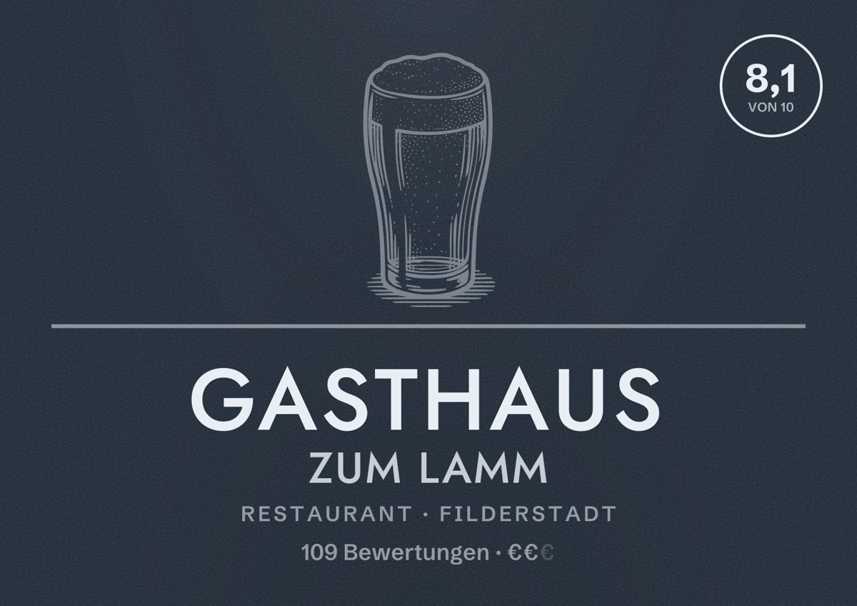 Illustriertes Poster von Gasthaus zum Lamm, Restaurant in Filderstadt: Bewertung 8,1 von 10 aus 109 Bewertungen, Preisniveau €€