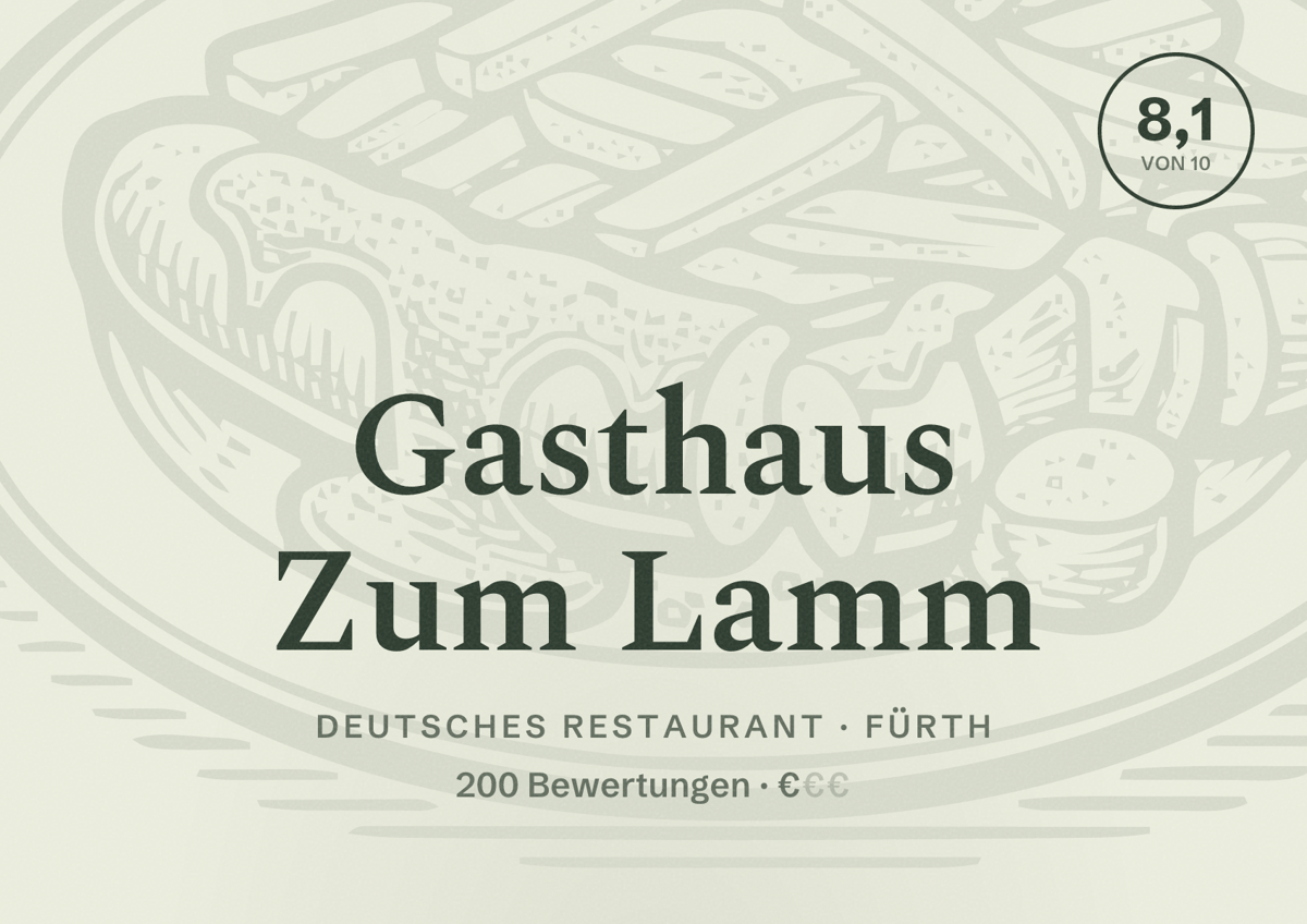 Illustriertes Poster von Gasthaus Zum Lamm, Deutsches Restaurant in Fürth: Bewertung 8,1 von 10 aus 200 Bewertungen, Preisniveau €