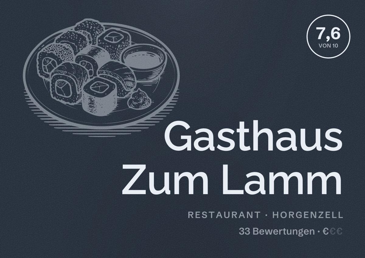 Illustriertes Poster von Gasthaus Zum Lamm, Restaurant in Horgenzell: Bewertung 7,6 von 10 aus 33 Bewertungen, Preisniveau €