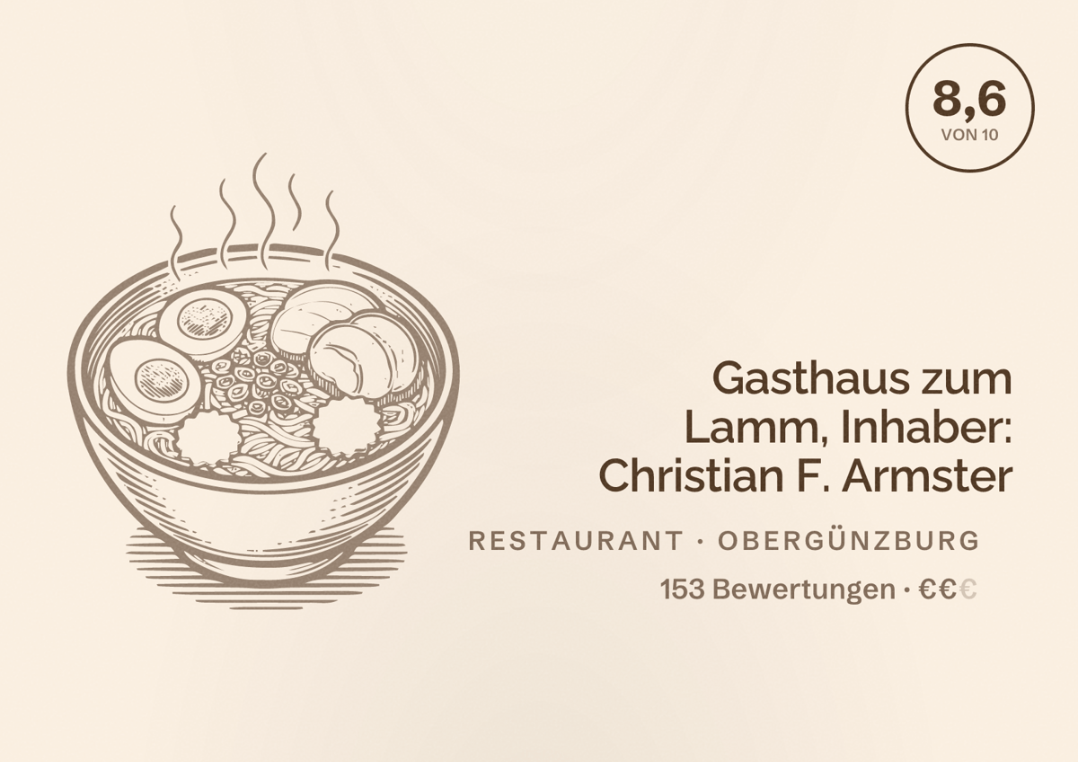 Illustriertes Poster von Gasthaus zum Lamm, Inhaber: Christian F. Armster, Restaurant in Obergünzburg: Bewertung 8,6 von 10 aus 153 Bewertungen, Preisniveau €€