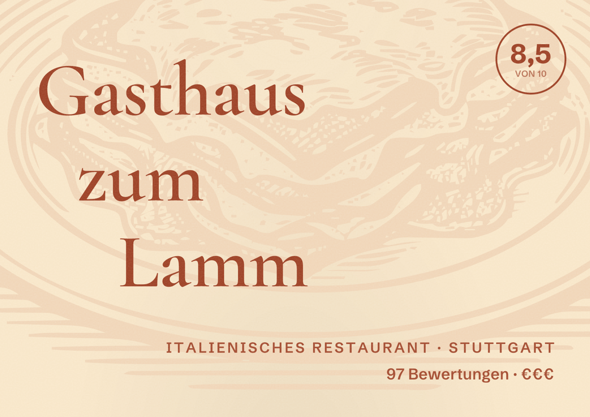 Illustriertes Poster von Gasthaus zum Lamm, Italienisches Restaurant in Stuttgart: Bewertung 8,5 von 10 aus 97 Bewertungen, Preisniveau €€€