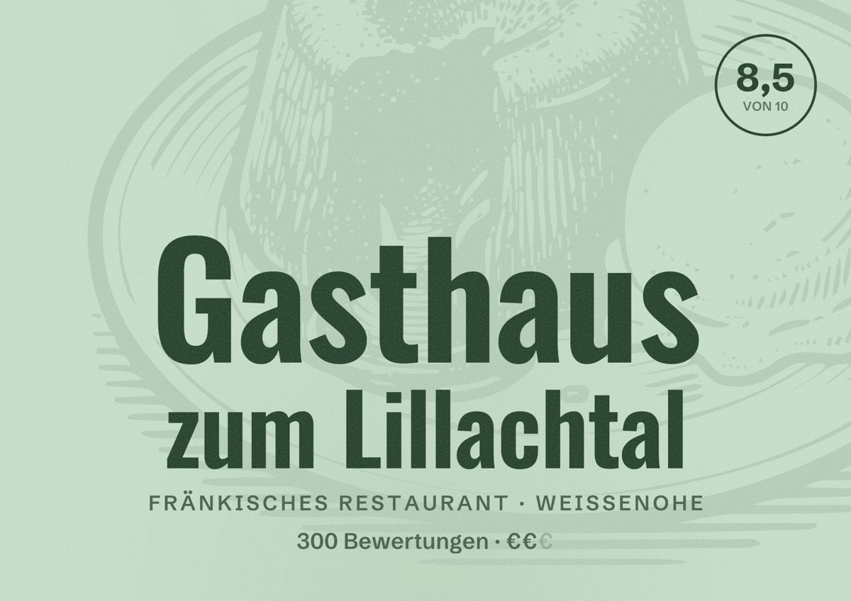 Illustriertes Poster von Gasthaus zum Lillachtal, Fränkisches Restaurant in Weißenohe: Bewertung 8,5 von 10 aus 300 Bewertungen, Preisniveau €€