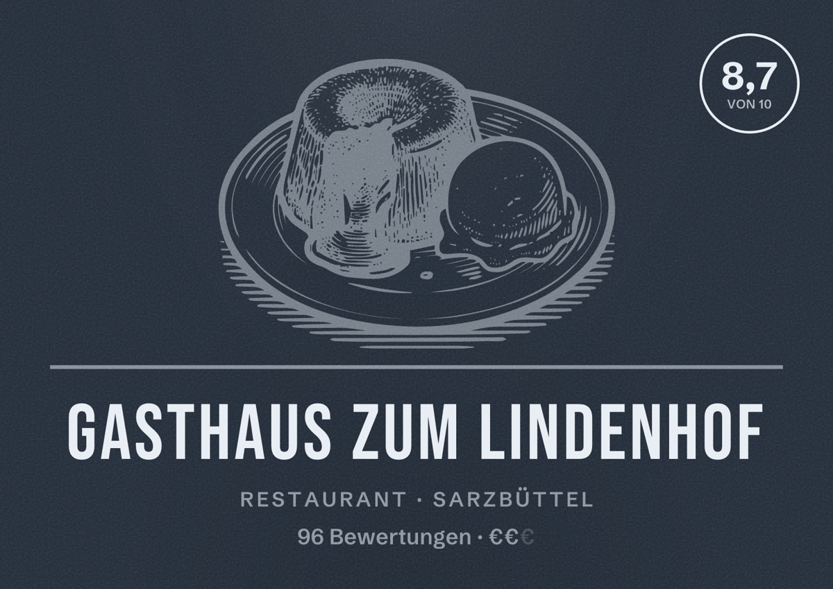 Illustriertes Poster von Gasthaus Zum Lindenhof, Restaurant in Sarzbüttel: Bewertung 8,7 von 10 aus 96 Bewertungen, Preisniveau €€