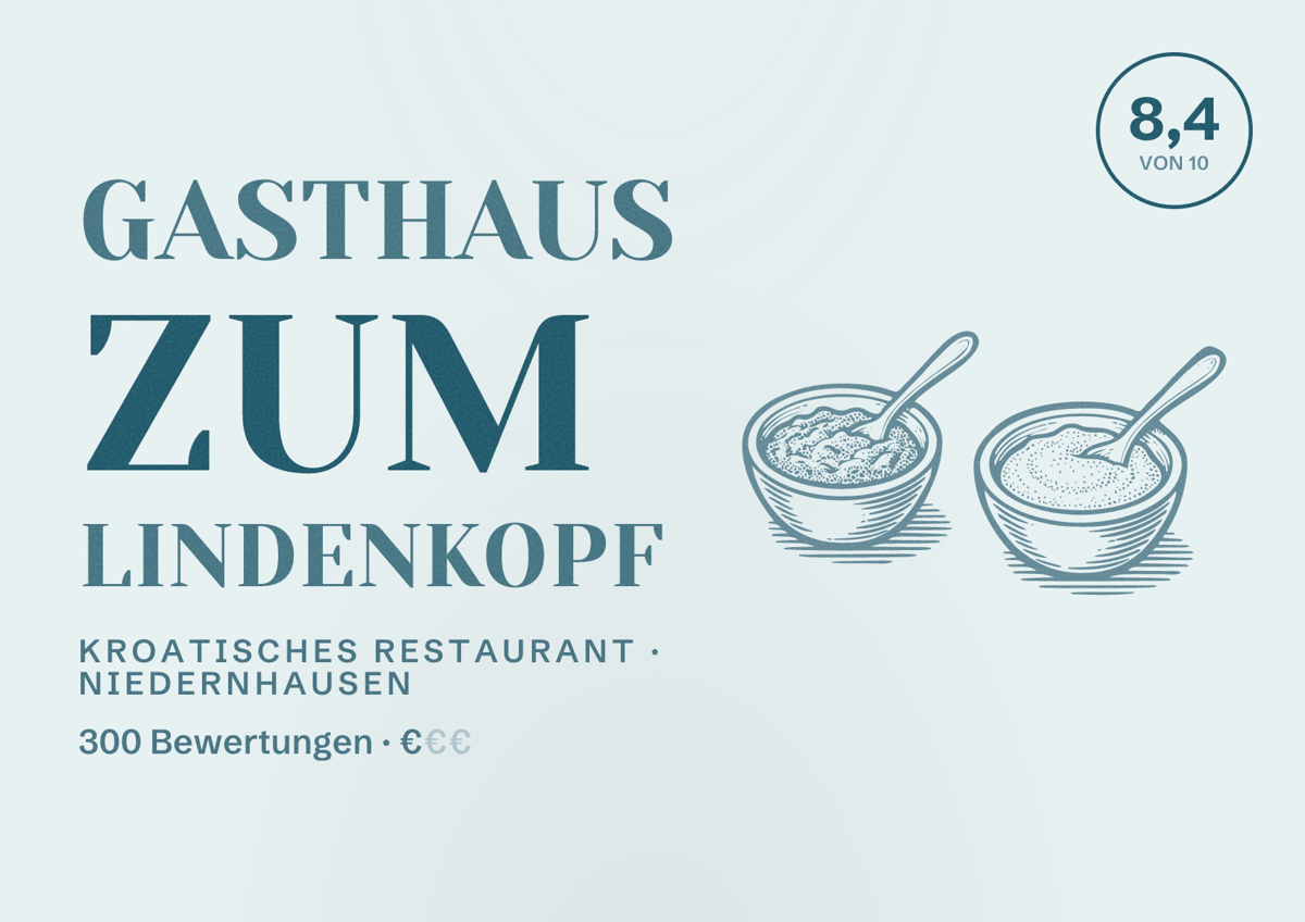 Illustriertes Poster von Gasthaus zum Lindenkopf, Kroatisches Restaurant in Niedernhausen: Bewertung 8,4 von 10 aus 300 Bewertungen, Preisniveau €