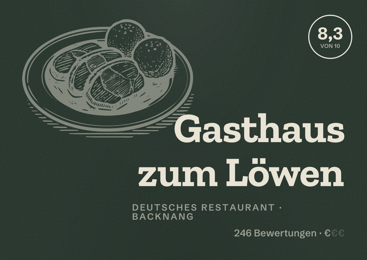 Illustriertes Poster von Gasthaus zum Löwen, Deutsches Restaurant in Backnang: Bewertung 8,3 von 10 aus 246 Bewertungen, Preisniveau €