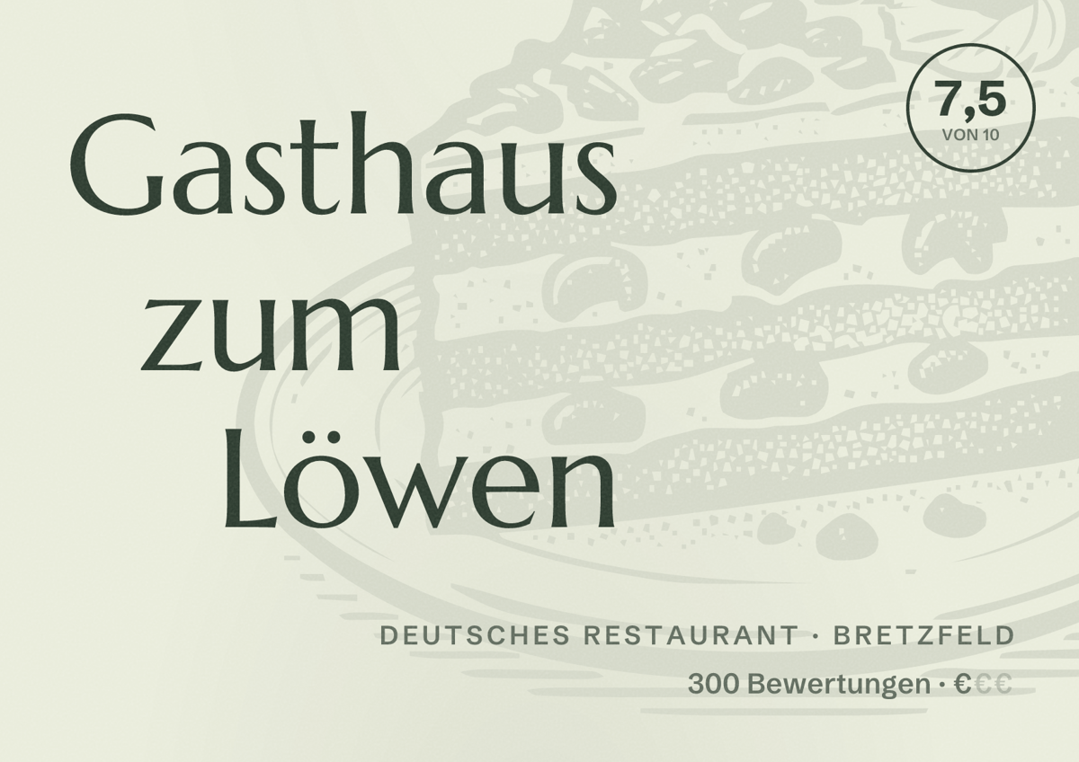 Illustriertes Poster von Gasthaus zum Löwen, Deutsches Restaurant in Bretzfeld: Bewertung 7,5 von 10 aus 300 Bewertungen, Preisniveau €