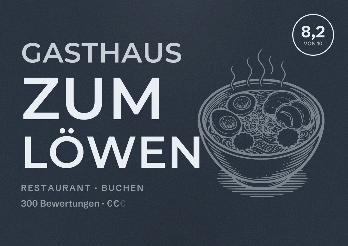 Illustriertes Poster von Gasthaus zum Löwen, Restaurant in Buchen: Bewertung 8,2 von 10 aus 300 Bewertungen, Preisniveau €€