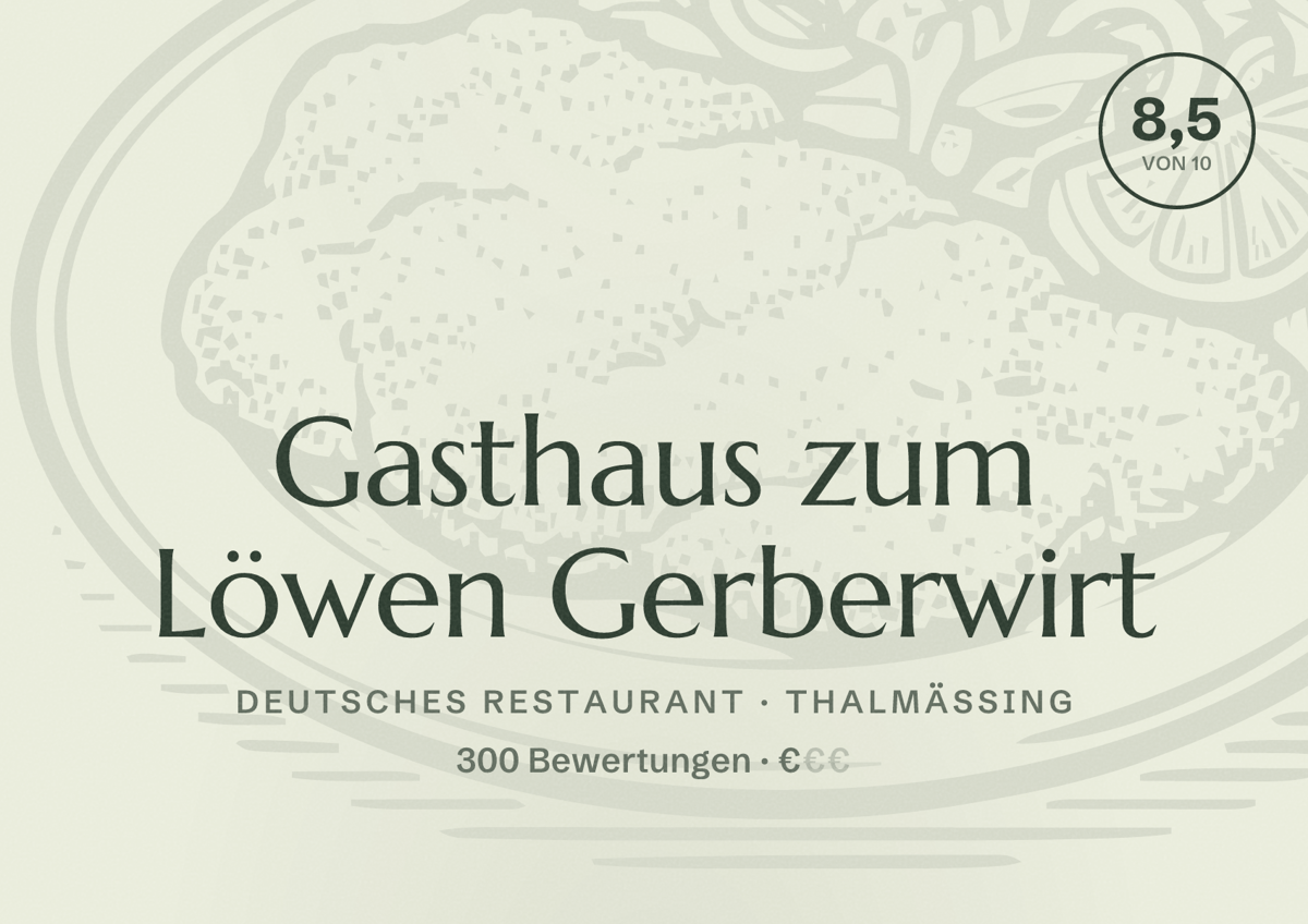 Illustriertes Poster von Gasthaus zum Löwen Gerberwirt, Deutsches Restaurant in Thalmässing: Bewertung 8,5 von 10 aus 300 Bewertungen, Preisniveau €