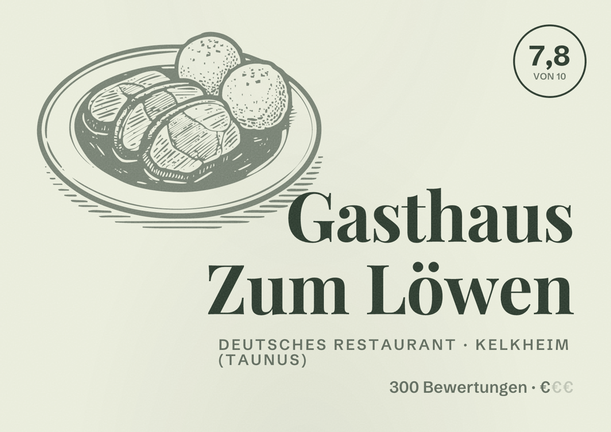 Illustriertes Poster von Gasthaus Zum Löwen, Deutsches Restaurant in Kelkheim (Taunus): Bewertung 7,8 von 10 aus 300 Bewertungen, Preisniveau €