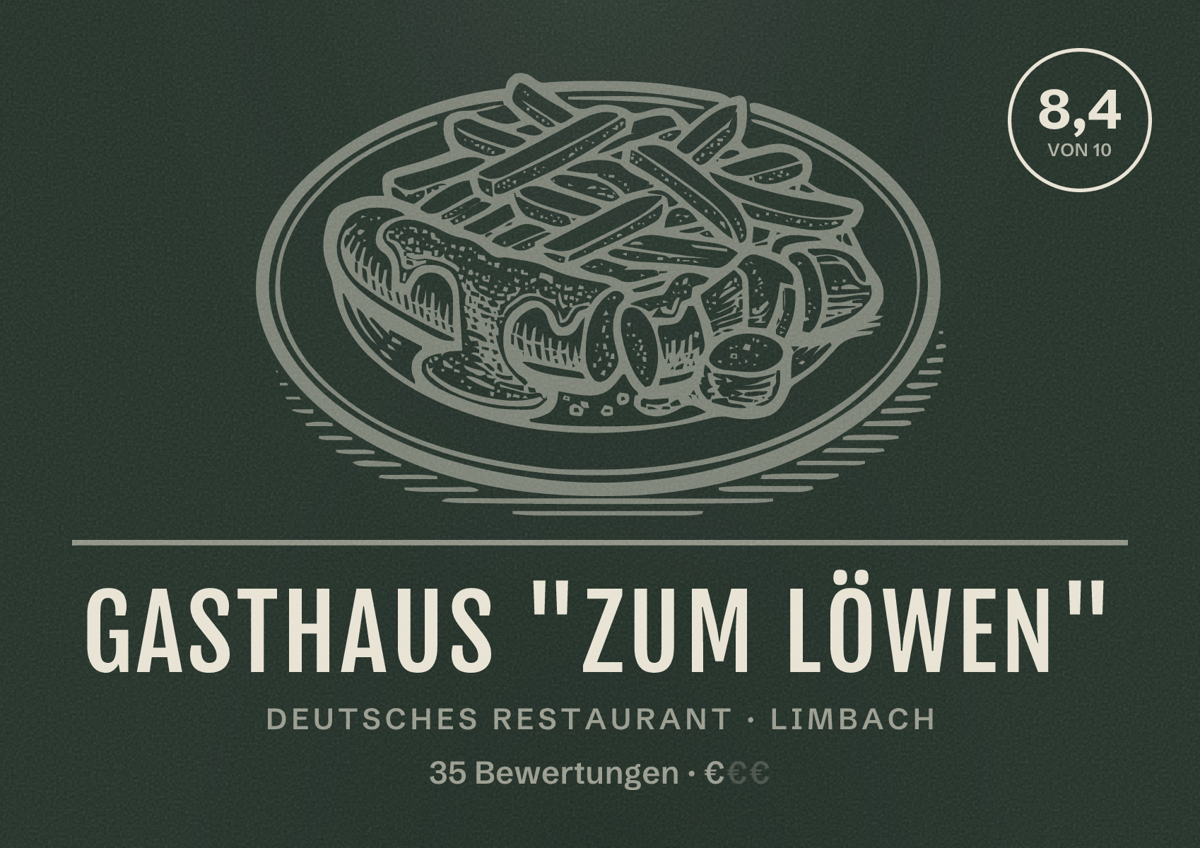 Illustriertes Poster von Gasthaus "Zum Löwen", Deutsches Restaurant in Limbach: Bewertung 8,4 von 10 aus 35 Bewertungen, Preisniveau €