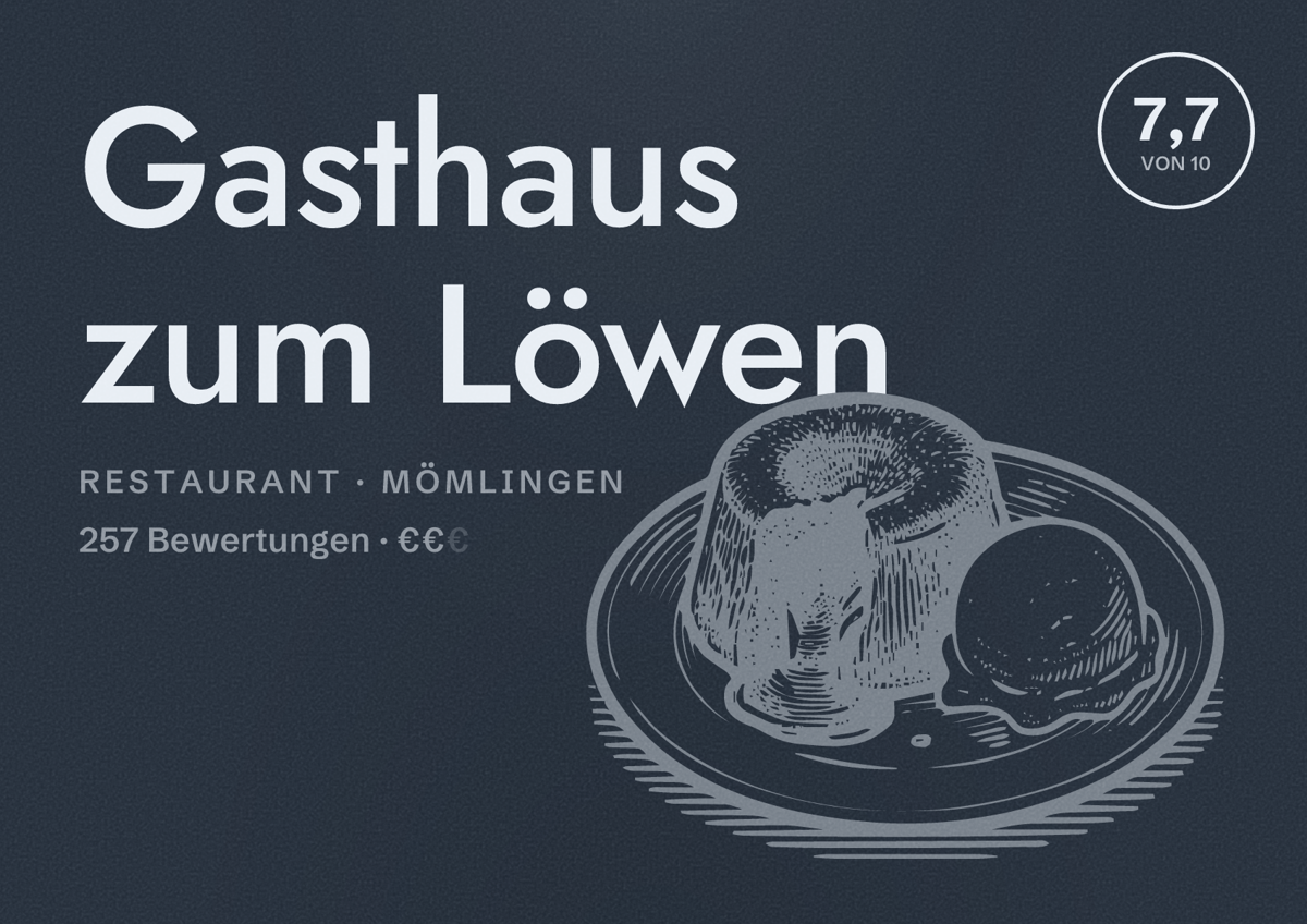 Illustriertes Poster von Gasthaus zum Löwen, Restaurant in Mömlingen: Bewertung 7,7 von 10 aus 257 Bewertungen, Preisniveau €€