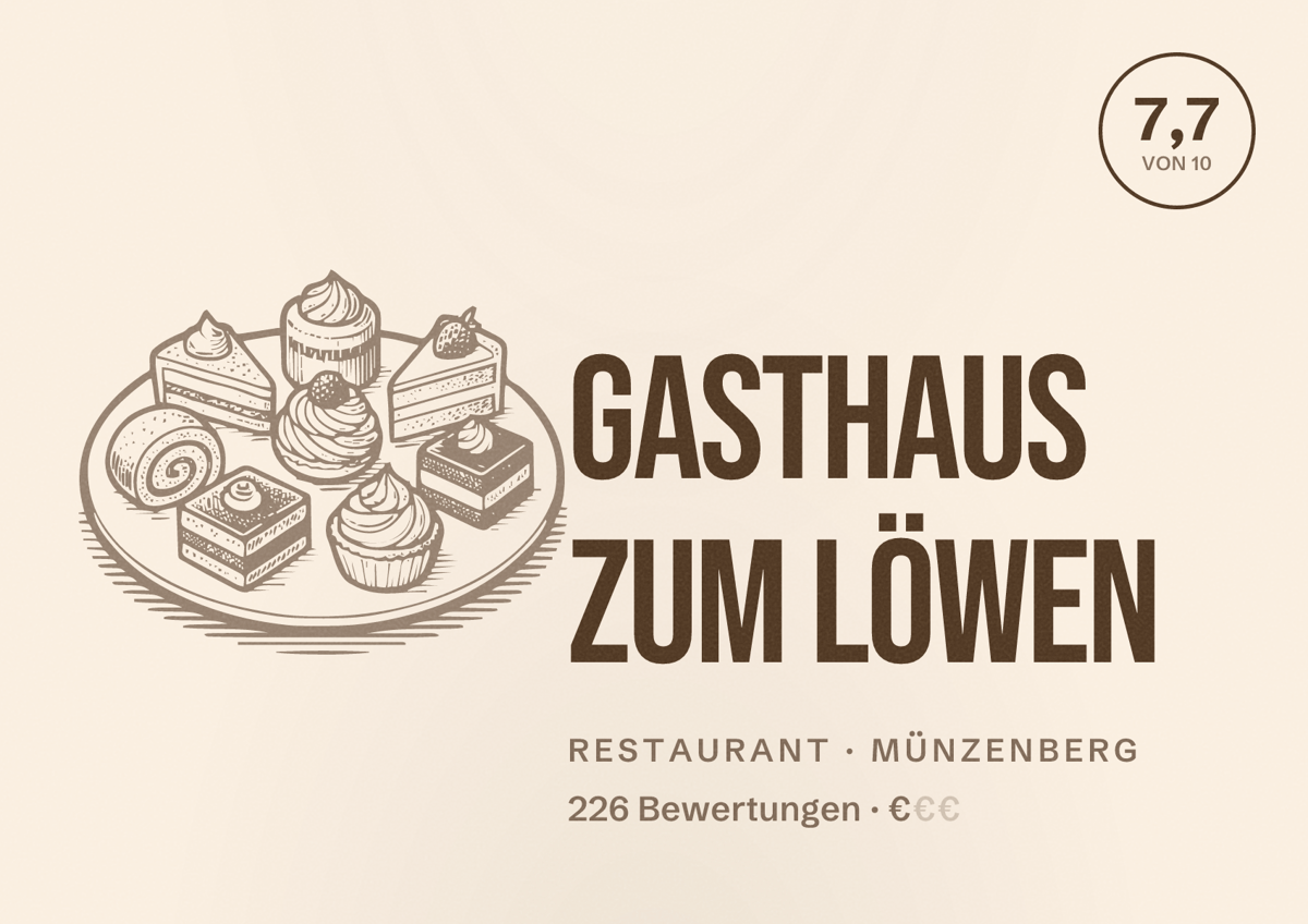 Illustriertes Poster von Gasthaus Zum Löwen, Restaurant in Münzenberg: Bewertung 7,7 von 10 aus 226 Bewertungen, Preisniveau €