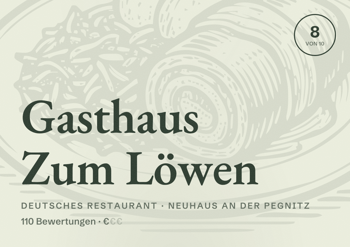 Illustriertes Poster von Gasthaus Zum Löwen, Deutsches Restaurant in Neuhaus an der Pegnitz: Bewertung 8 von 10 aus 110 Bewertungen, Preisniveau €