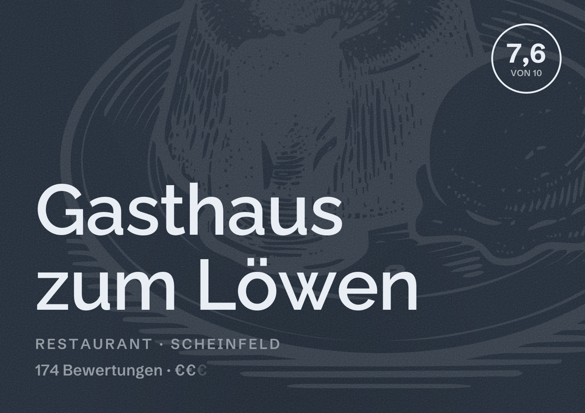 Illustriertes Poster von Gasthaus zum Löwen, Restaurant in Scheinfeld: Bewertung 7,6 von 10 aus 174 Bewertungen, Preisniveau €€