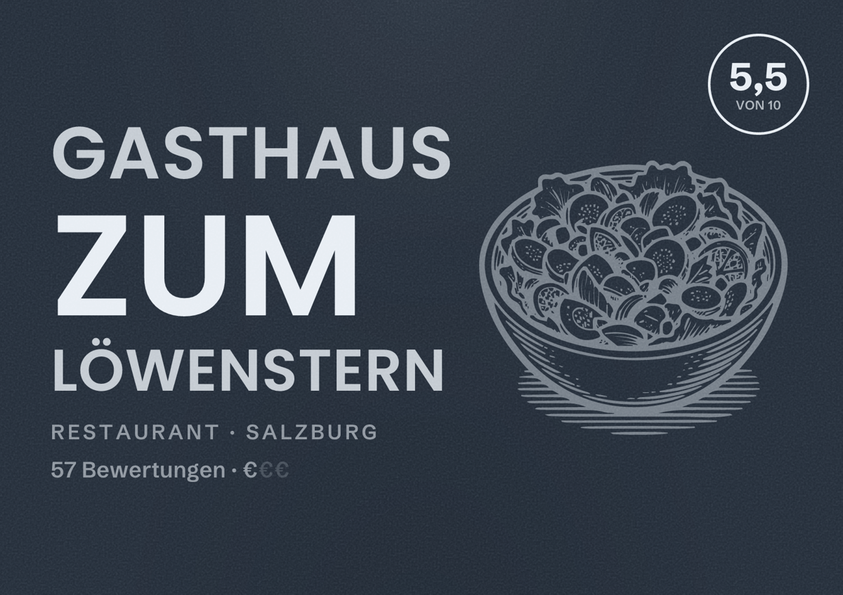 Illustriertes Poster von Gasthaus Zum Löwenstern, Restaurant in Salzburg: Bewertung 5,5 von 10 aus 57 Bewertungen, Preisniveau €