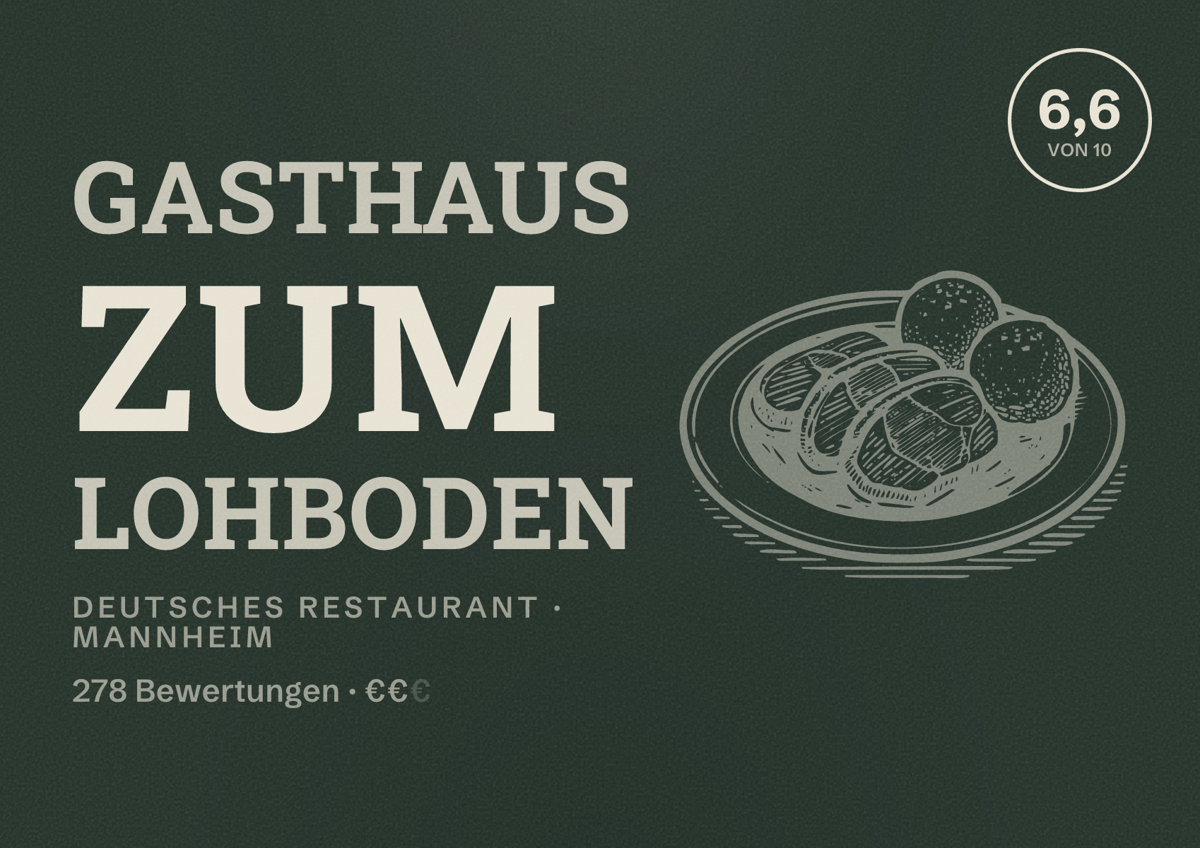 Illustriertes Poster von Gasthaus Zum Lohboden, Deutsches Restaurant in Mannheim: Bewertung 6,6 von 10 aus 278 Bewertungen, Preisniveau €€