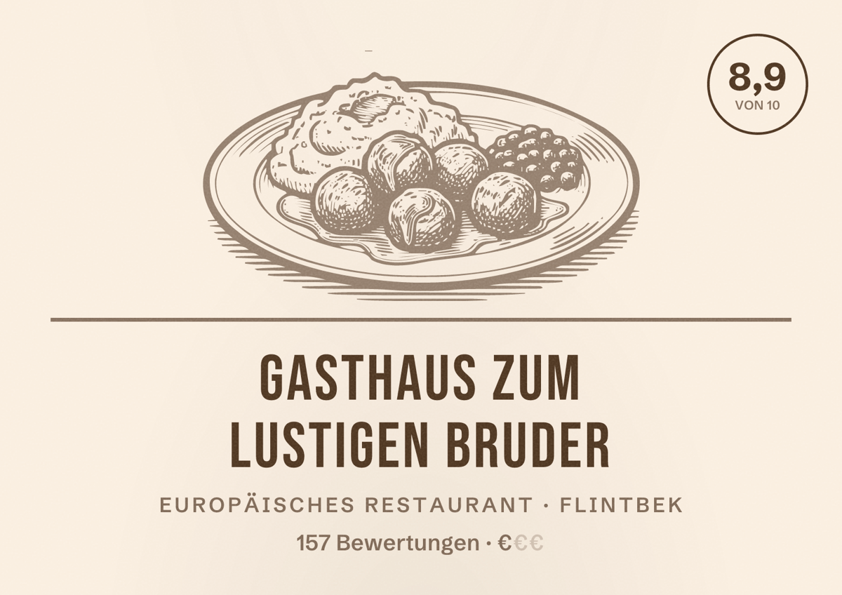 Illustriertes Poster von GASTHAUS ZUM LUSTIGEN BRUDER, Europäisches Restaurant in Flintbek: Bewertung 8,9 von 10 aus 157 Bewertungen, Preisniveau €