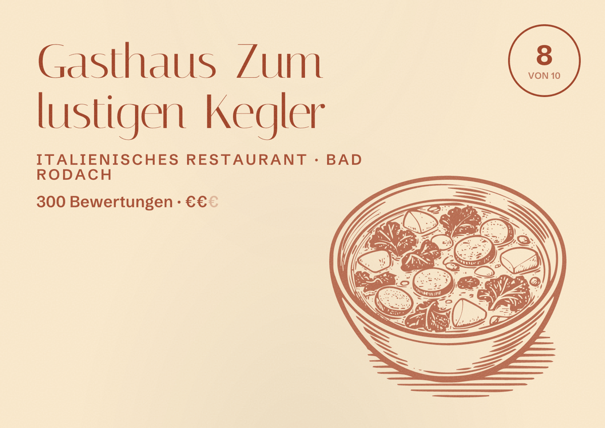 Illustriertes Poster von Gasthaus Zum lustigen Kegler, Italienisches Restaurant in Bad Rodach: Bewertung 8 von 10 aus 300 Bewertungen, Preisniveau €€