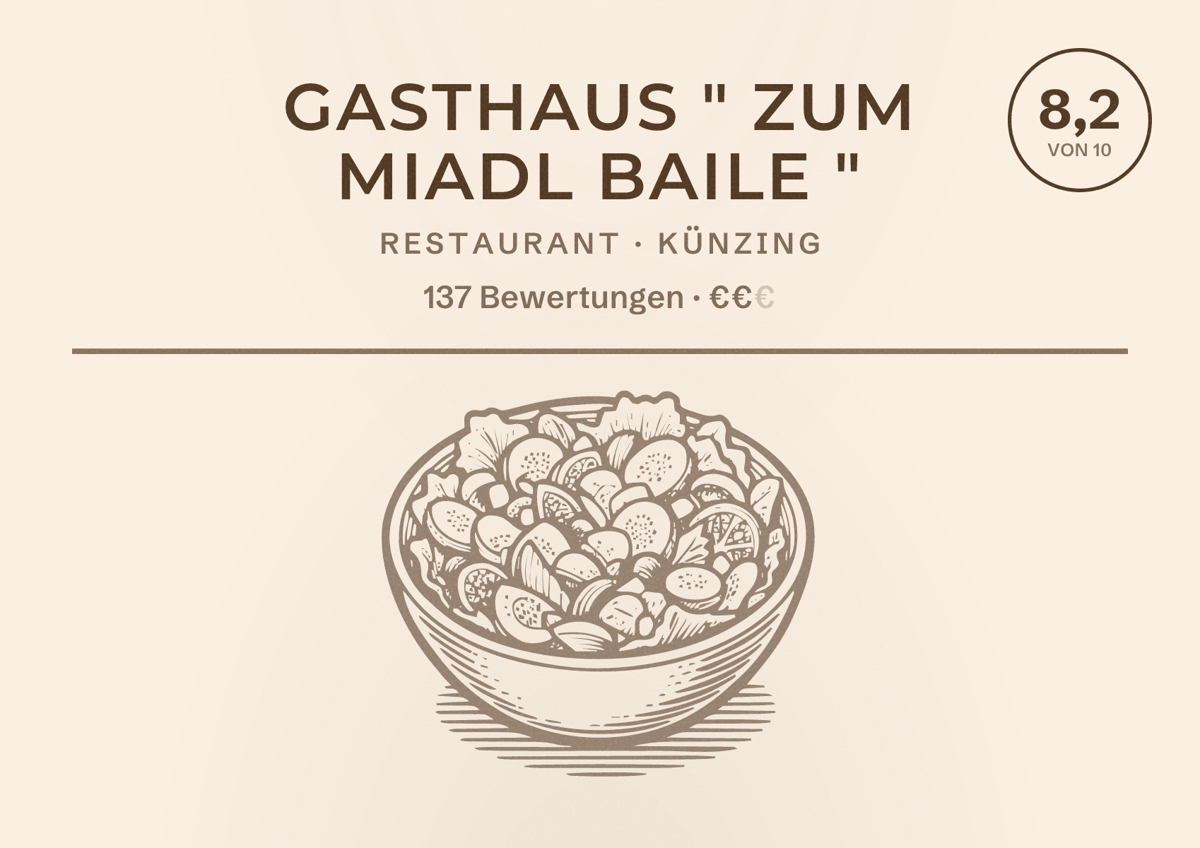 Illustriertes Poster von Gasthaus " Zum Miadl Baile ", Restaurant in Künzing: Bewertung 8,2 von 10 aus 137 Bewertungen, Preisniveau €€