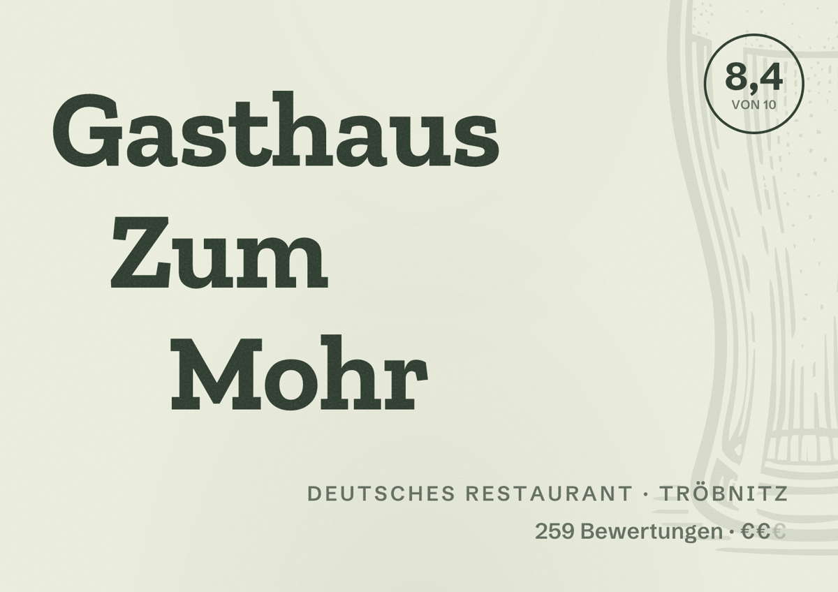 Illustriertes Poster von Gasthaus Zum Mohr, Deutsches Restaurant in Tröbnitz: Bewertung 8,4 von 10 aus 259 Bewertungen, Preisniveau €€