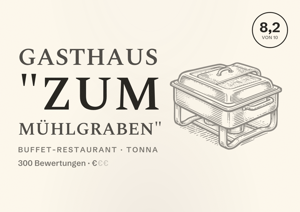 Illustriertes Poster von Gasthaus "Zum Mühlgraben", Buffet-Restaurant in Tonna: Bewertung 8,2 von 10 aus 300 Bewertungen, Preisniveau €