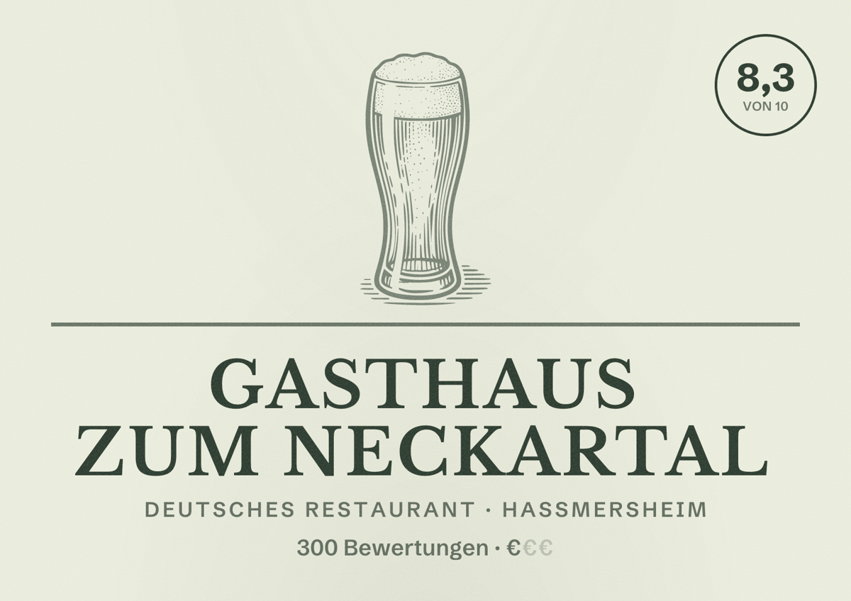 Illustriertes Poster von Gasthaus zum Neckartal, Deutsches Restaurant in Haßmersheim: Bewertung 8,3 von 10 aus 300 Bewertungen, Preisniveau €