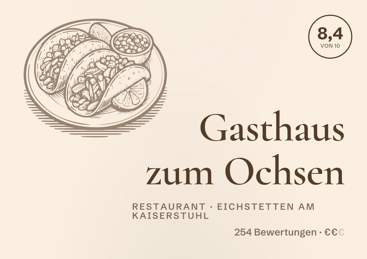 Illustriertes Poster von Gasthaus zum Ochsen, Restaurant in Eichstetten am Kaiserstuhl: Bewertung 8,4 von 10 aus 254 Bewertungen, Preisniveau €€