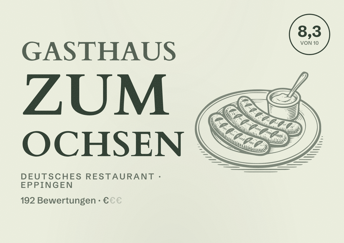 Illustriertes Poster von Gasthaus Zum Ochsen, Deutsches Restaurant in Eppingen: Bewertung 8,3 von 10 aus 192 Bewertungen, Preisniveau €