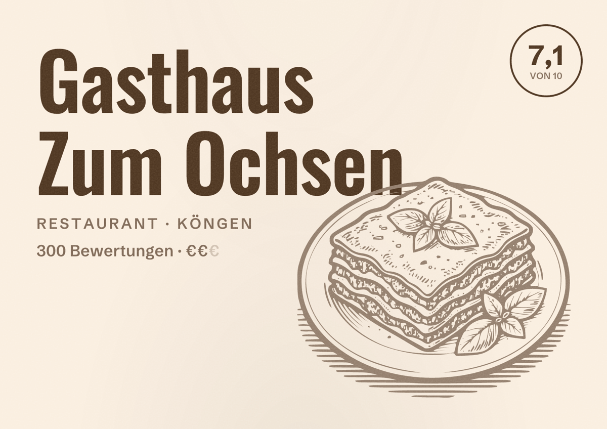Illustriertes Poster von Gasthaus Zum Ochsen, Restaurant in Köngen: Bewertung 7,1 von 10 aus 300 Bewertungen, Preisniveau €€