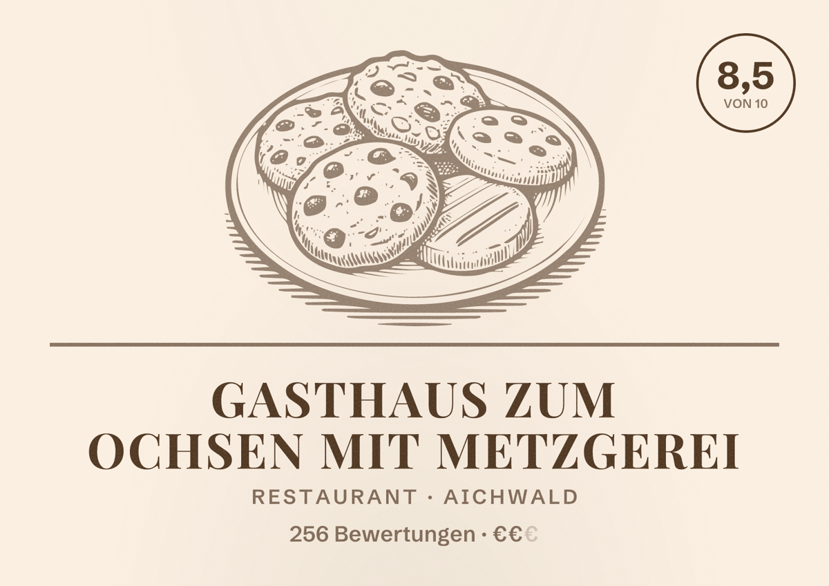 Illustriertes Poster von Gasthaus Zum Ochsen mit Metzgerei, Restaurant in Aichwald: Bewertung 8,5 von 10 aus 256 Bewertungen, Preisniveau €€
