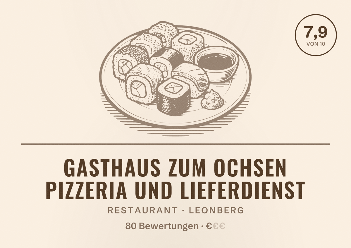 Illustriertes Poster von Gasthaus Zum Ochsen Pizzeria und Lieferdienst, Restaurant in Leonberg: Bewertung 7,9 von 10 aus 80 Bewertungen, Preisniveau €