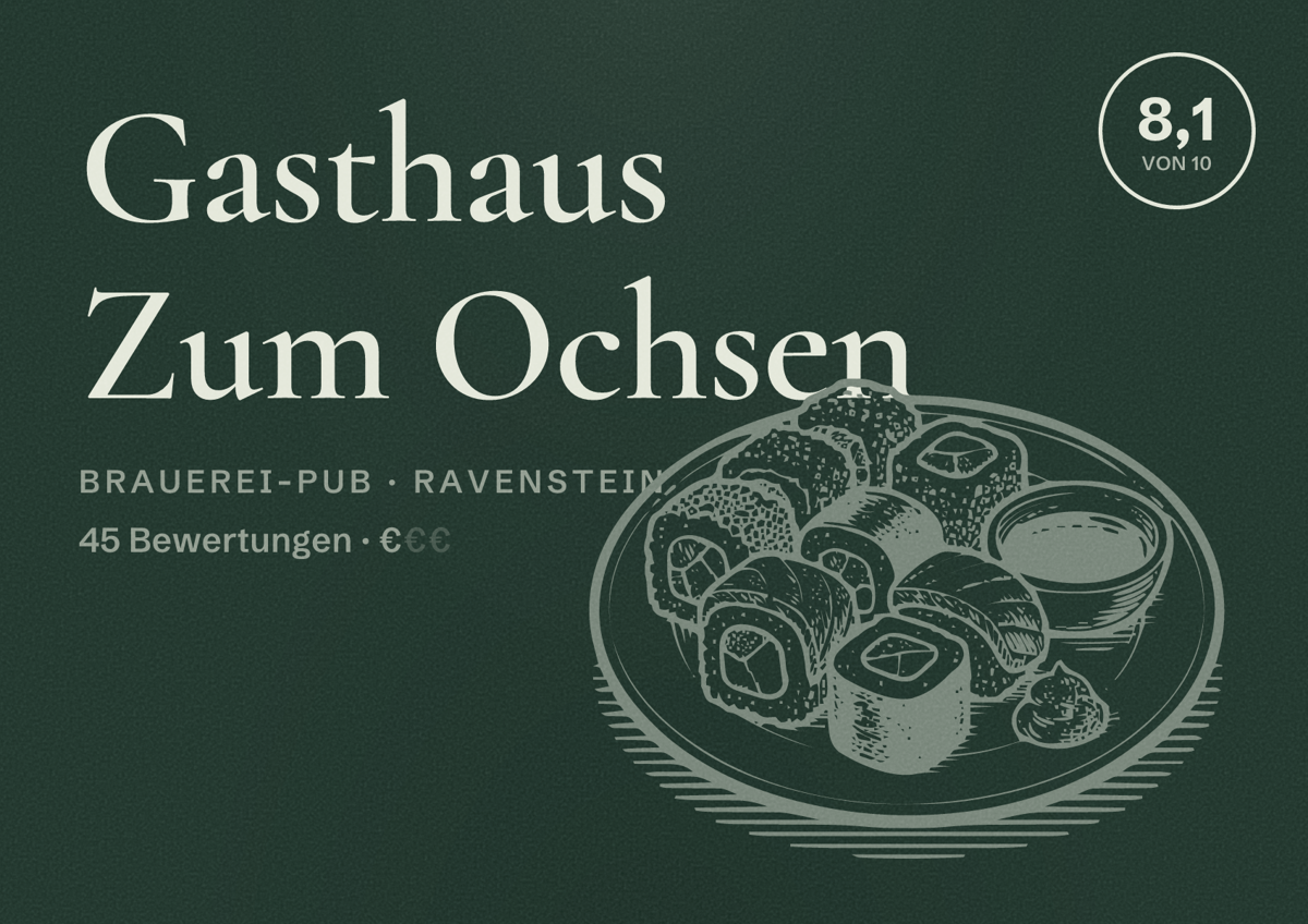 Illustriertes Poster von Gasthaus Zum Ochsen, Brauerei-Pub in Ravenstein: Bewertung 8,1 von 10 aus 45 Bewertungen, Preisniveau €