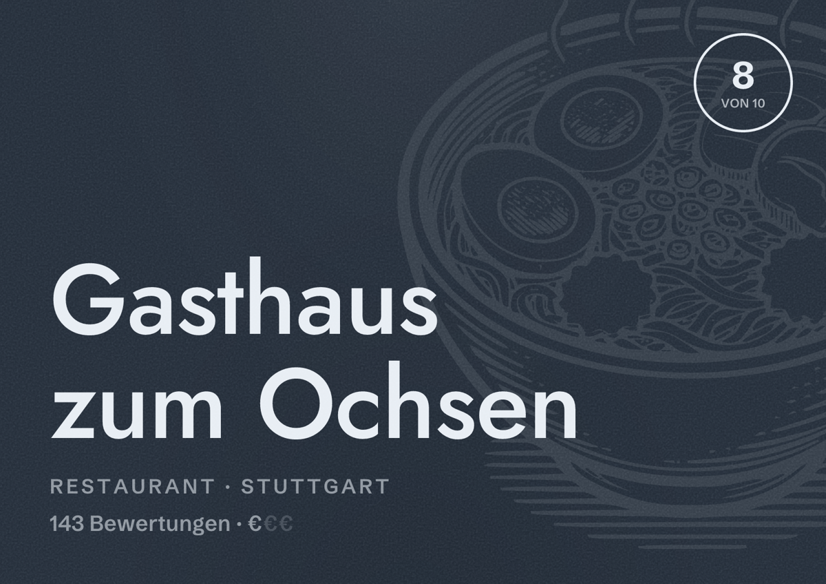 Illustriertes Poster von Gasthaus zum Ochsen, Restaurant in Stuttgart: Bewertung 8,0 von 10 aus 143 Bewertungen, Preisniveau €