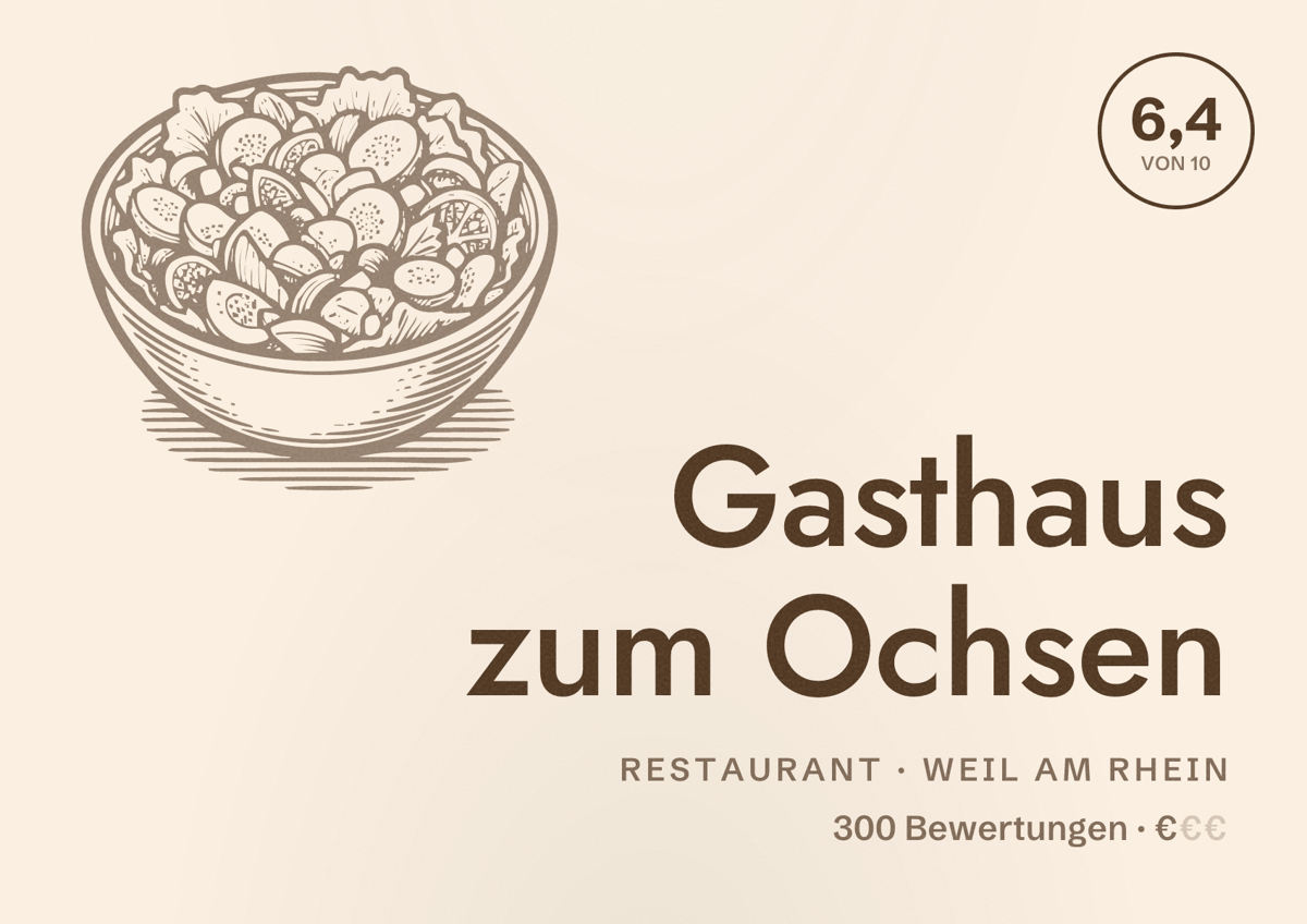 Illustriertes Poster von Gasthaus zum Ochsen, Restaurant in Weil am Rhein: Bewertung 6,4 von 10 aus 300 Bewertungen, Preisniveau €