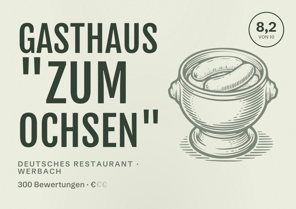 Illustriertes Poster von Gasthaus "Zum Ochsen", Deutsches Restaurant in Werbach: Bewertung 8,2 von 10 aus 300 Bewertungen, Preisniveau €
