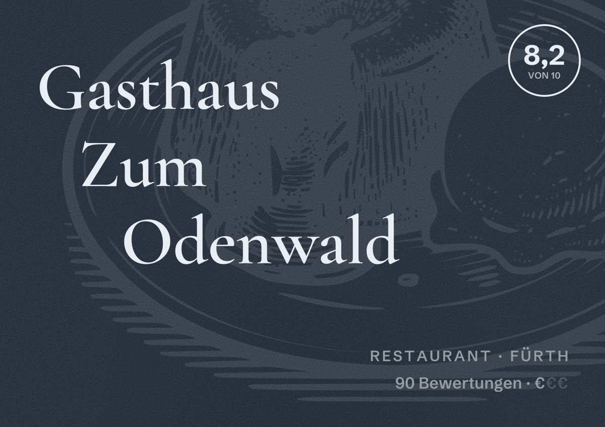 Illustriertes Poster von Gasthaus Zum Odenwald, Restaurant in Fürth: Bewertung 8,2 von 10 aus 90 Bewertungen, Preisniveau €