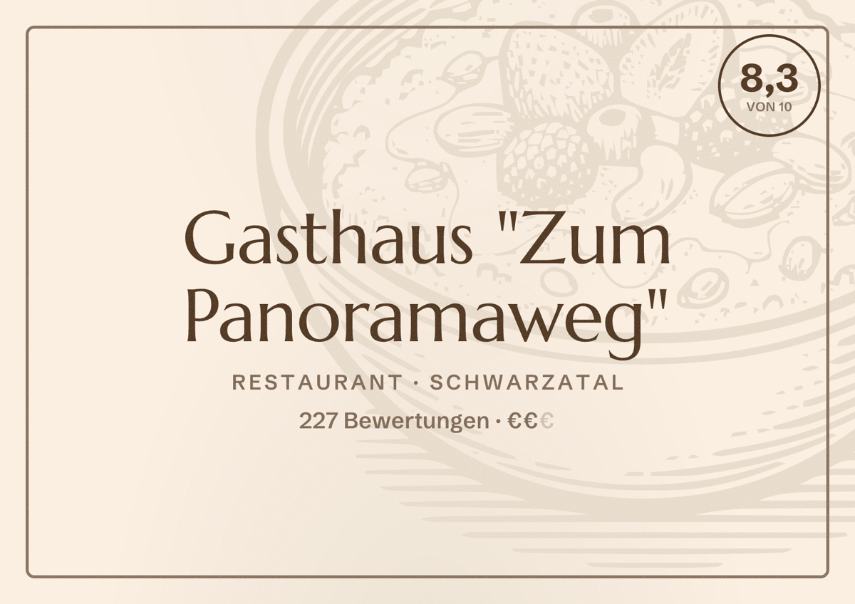 Illustriertes Poster von Gasthaus "Zum Panoramaweg", Restaurant in Schwarzatal: Bewertung 8,3 von 10 aus 227 Bewertungen, Preisniveau €€