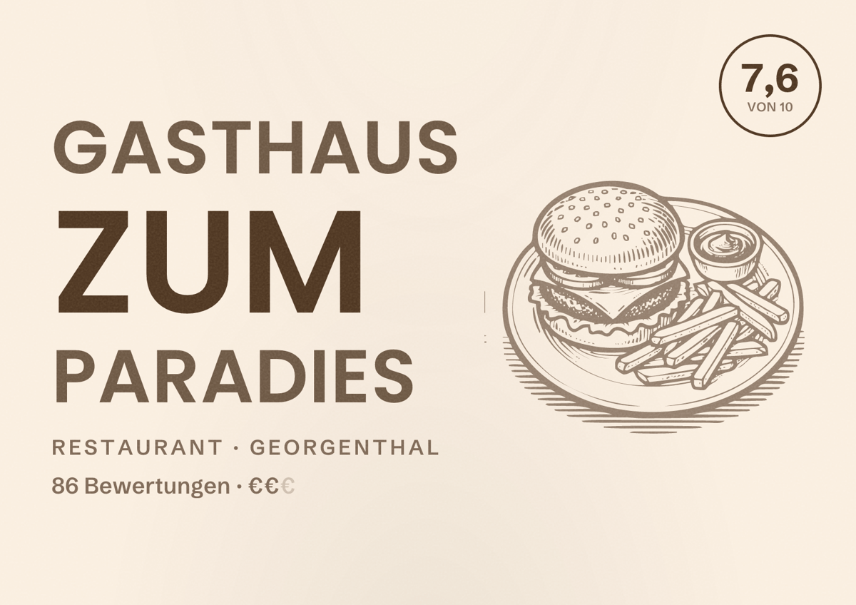 Illustriertes Poster von Gasthaus zum Paradies, Restaurant in Georgenthal: Bewertung 7,6 von 10 aus 86 Bewertungen, Preisniveau €€