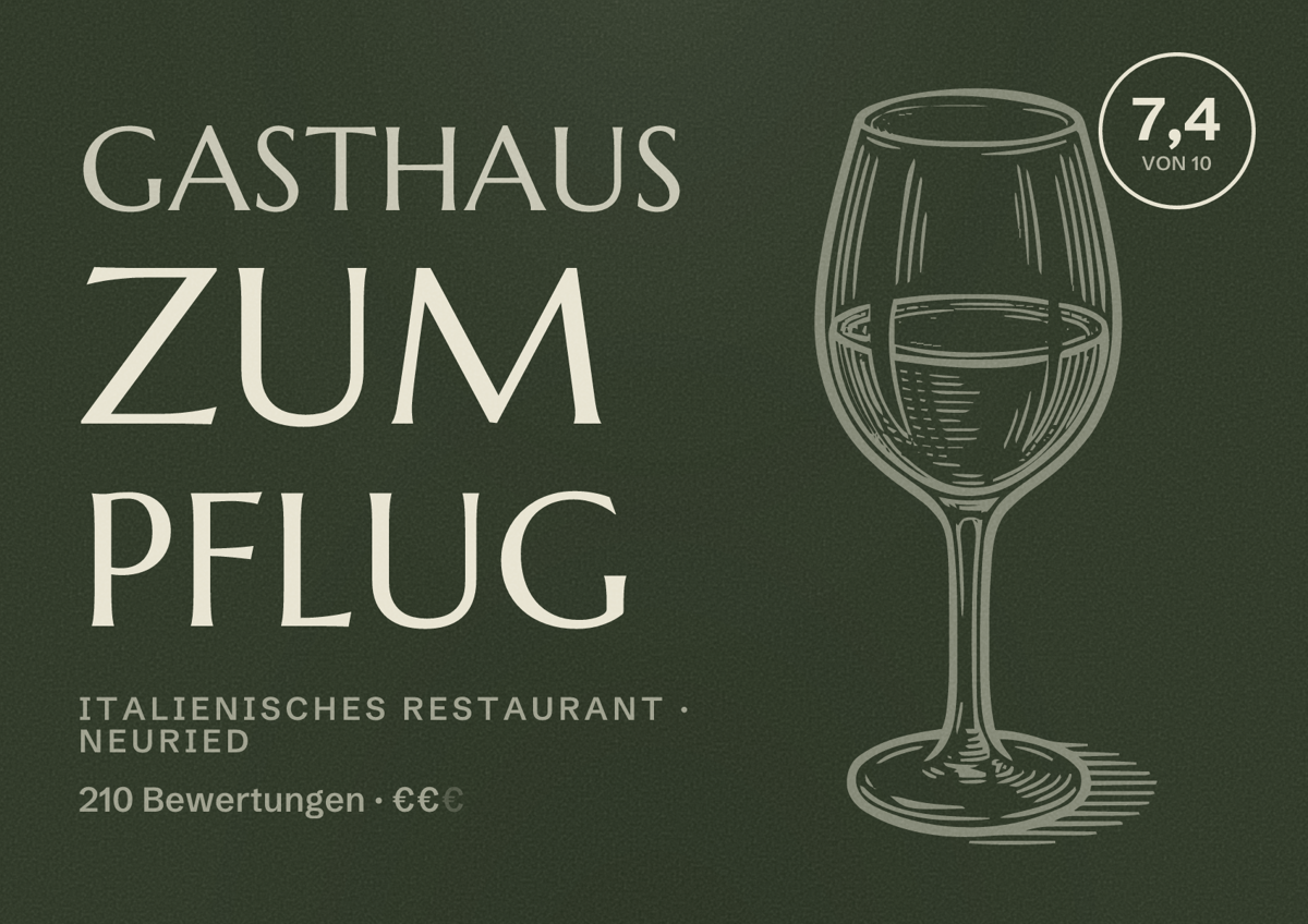 Illustriertes Poster von Gasthaus zum Pflug, Italienisches Restaurant in Neuried: Bewertung 7,4 von 10 aus 210 Bewertungen, Preisniveau €€