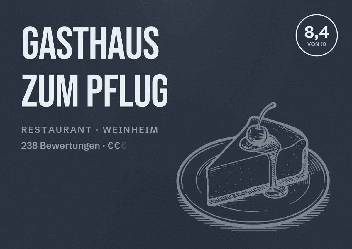 Illustriertes Poster von Gasthaus zum Pflug, Restaurant in Weinheim: Bewertung 8,4 von 10 aus 238 Bewertungen, Preisniveau €€