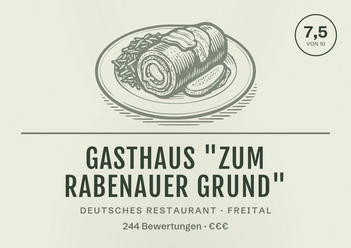 Illustriertes Poster von Gasthaus "Zum Rabenauer Grund", Deutsches Restaurant in Freital: Bewertung 7,5 von 10 aus 244 Bewertungen, Preisniveau €€€