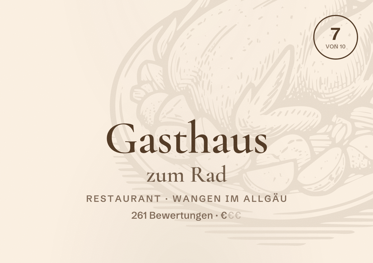 Illustriertes Poster von Gasthaus zum Rad, Restaurant in Wangen im Allgäu: Bewertung 7 von 10 aus 261 Bewertungen, Preisniveau €