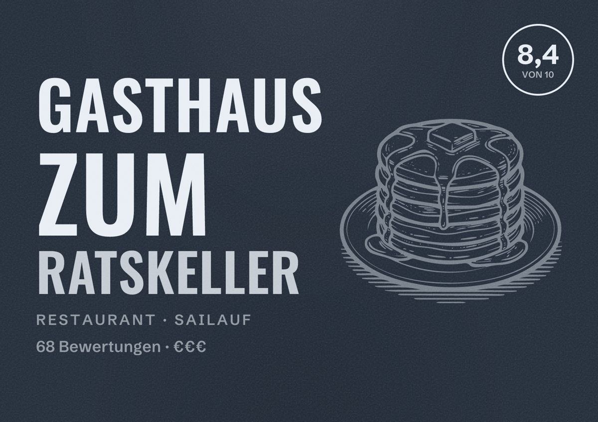 Illustriertes Poster von Gasthaus zum Ratskeller, Restaurant in Sailauf: Bewertung 8,4 von 10 aus 68 Bewertungen, Preisniveau €€€