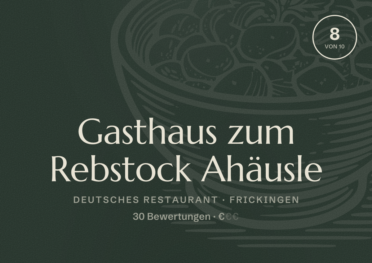 Illustriertes Poster von Gasthaus zum Rebstock Ahäusle, Deutsches Restaurant in Frickingen: Bewertung 8 von 10 aus 30 Bewertungen, Preisniveau €