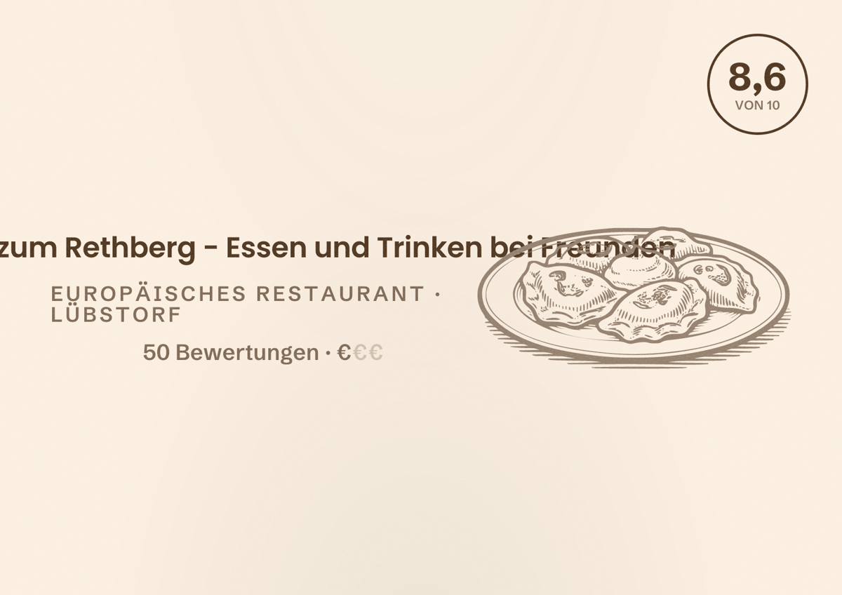Illustriertes Poster von Gasthaus zum Rethberg - Essen und Trinken bei Freunden, Europäisches Restaurant in Lübstorf: Bewertung 8,6 von 10 aus 50 Bewertungen, Preisniveau €